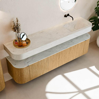 MONDIAZ THOR-DLUX Meuble de salle de bains 190cm arrondi gauche + droite couleur Oak avec 2 tiroirs et 2 portes. Vasque suspendue CLOUD Droite sans trou de robinet couleur Opalo.