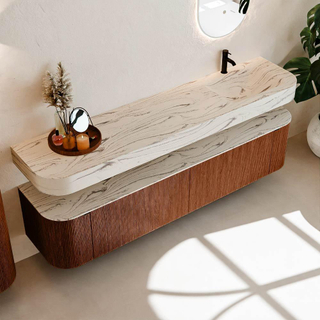 MONDIAZ THOR-DLUX 200cm meuble de salle de bains arrondi gauche + droite couleur Ruby avec 2 tiroirs et 2 portes. Vasque suspendue CLOUD Droite 1 trou de robinet couleur Nata.