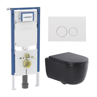 QeramiQ Dely Swirl Pack WC - 36,3x51,7cm - réservoir encastré Geberit UP720 Duofix Sigma - assise 35mm - plaque de déclenchement blanche brillante - boutons ronds - noir mat