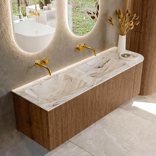 MONDIAZ KURVE-DLUX 145cm Meuble salle de bain avec module 25 D - couleur Walnut - 1 tiroir - 1 porte - vasque LEAF double / gauche - sans trou de robinet - couleur Glace