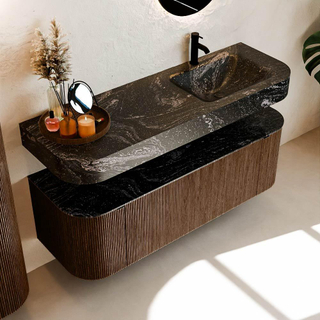 MONDIAZ THOR-DLUX 140cm meuble de salle de bains arrondi gauche + droite couleur Walnut avec 1 tiroir et 2 portes. Vasque suspendue CLOUD Droite 1 trou de robinet couleur Lava.