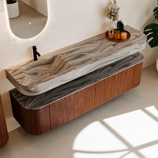 MONDIAZ THOR-DLUX 180cm meuble de salle de bains arrondi gauche + droite couleur Ruby avec 2 tiroirs et 2 portes. Vasque suspendue CLOUD Gauche 1 trou de robinet couleur Sombra.