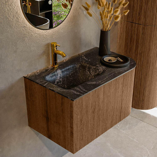 MONDIAZ KURVE-DLUX 75cm Meuble salle de bain avec module 25 D - couleur Walnut - 1 tiroir - 1 porte - vasque GRUNNE gauche - 1 trou de robinet - couleur Lava