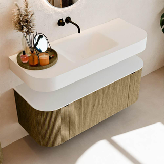 MONDIAZ THOR Meuble de salle de bains 120cm arrondi gauche + droite couleur Dusk avec 1 tiroir et 2 portes. Vasque suspendue CLOUD Milieu sans trou de robinet couleur Talc.