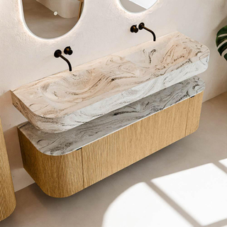 MONDIAZ THOR-DLUX 150cm meuble de salle de bains arrondi gauche + droite couleur Oak avec 1 tiroir et 2 portes. Vasque suspendue CLOUD Double sans trou de robinet couleur Glace.