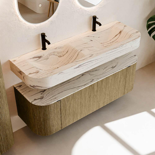 MONDIAZ THOR-DLUX 140cm meuble de salle de bains arrondi gauche + droite couleur Dusk avec 1 tiroir et 2 portes. Vasque suspendue CLOUD Double 2 trous de robinet couleur Nata.