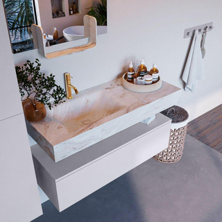 Mondiaz ALAN-DLUX Ensemble de meuble - 110cm - meuble Cale mat - 1 tiroir - Lavabo Cloud Frappe suspendu - vasque Gauche - 1 trou de robinet