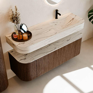 MONDIAZ THOR-DLUX 140cm meuble de salle de bains arrondi gauche + droite couleur Walnut avec 1 tiroir et 2 portes. Vasque suspendue CLOUD Droite 1 trou de robinet couleur Nata.