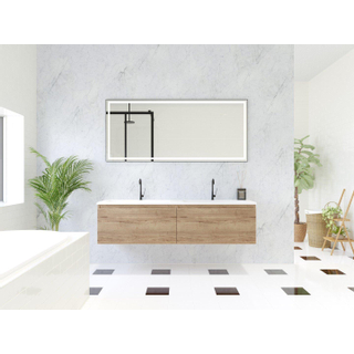 HR Matrix ensemble meuble de salle de bain 3d 160cm 2 tiroirs sans poignée avec bandeau couleur chêne français avec vasque fine 2 trous de robinetterie blanc mat