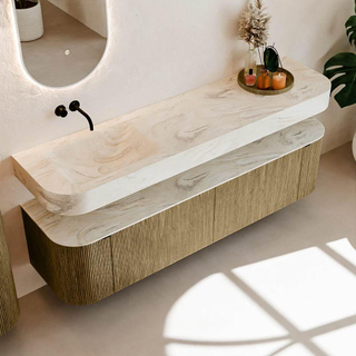 MONDIAZ THOR-DLUX Meuble de salle de bains 180cm arrondi gauche + droite couleur Dusk avec 2 tiroirs et 2 portes. Vasque suspendue CLOUD Gauche sans trou de robinet couleur Ostra.