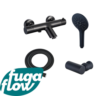 FugaFlow Eccelente Sobrado Badkamer Thermostatische badkraan met ronde handdouche, handdouchehouder en gladde doucheslang mat zwart