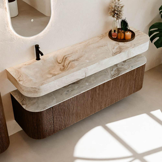 MONDIAZ THOR-DLUX Meuble de salle de bains - 170cm - arrondi gauche + droite - couleur Walnut - 1 tiroir et 2 portes - Vasque suspendue CLOUD Gauche 1 trou de robinet - couleur Frappe