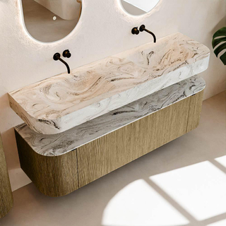 MONDIAZ THOR-DLUX 160cm meuble de salle de bains arrondi gauche + droite couleur Dusk avec 1 tiroir et 2 portes. Vasque suspendue CLOUD Double sans trou de robinet couleur Glace.