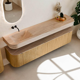 MONDIAZ THOR-DLUX 200cm meuble de salle de bains arrondi gauche + droite couleur Oak avec 2 tiroirs et 2 portes. Vasque suspendue CLOUD Gauche sans trou de robinet couleur Saba.