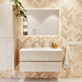 Mondiaz VICA ensemble de meuble de salle de bain - 100cm - meuble sous vasque en aggloméré - 2 tiroirs - lavabo moon milieu - 1 trou de robinet - version haute de 60cm - talc