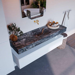 Mondiaz ALAN-DLUX Ensemble de meuble - 150cm - meuble Talc mat - 1 tiroir - Lavabo Cloud Lava suspendu - vasque Centre - 0 trous de robinet