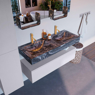 Mondiaz ALAN-DLUX Ensemble de meuble - 120cm - meuble Cale mat - 1 tiroir - Lavabo Cloud Lava suspendu - vasque gauche et droite - 2 trous de robinet