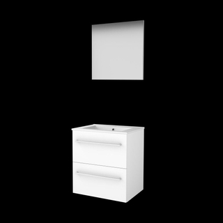 Basic-Line Basic 46 ensemble de meubles de salle de bain 60x46cm avec poignées 2 tiroirs lavabo en porcelaine 1 trou pour robinet miroir mdf laqué blanc glacier