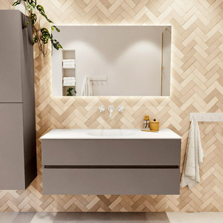 Mondiaz VICA ensemble de meuble de salle de bain - 120cm - meuble sous-vasque fumée - 2 tiroirs - lavabo lune milieu - sans trous de robinet - couleur talc - miroir LED - version XL 60cm de haut