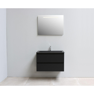 Basic Bella Meuble lavabo acrylique noir avec 1 trou de robinet avec miroir avec éclairage 80x55x46cm Flat Pack Noir mat