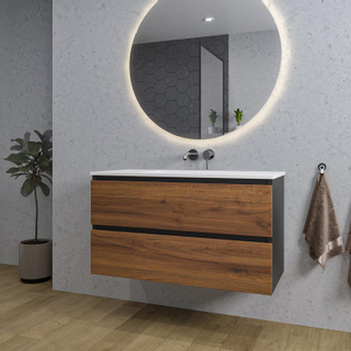 Adema Industrial 2.0 Ensemble de meuble 100x45x55cm avec vasque blanche en céramique sans trou de robinet avec trop-plein et miroir bois/noir