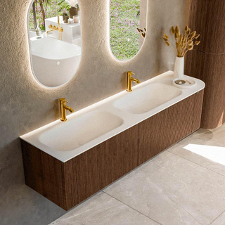 MONDIAZ KURVE 175cm Meuble salle de bain avec module 25 D - couleur Walnut - 2 tiroirs - 1 porte - vasque BIG SMALL double / gauche - 2 trous de robinet - Talc