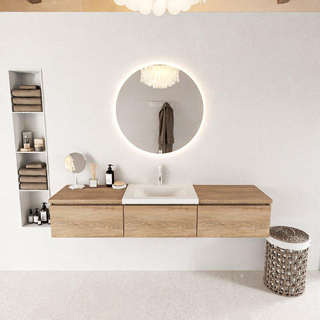 Mondiaz bukla ensemble de meubles de bain 180x45x34cm 1 trou pour robinetterie lavabo milieu surface solide talc sans poignée 3 tiroirs avec softclose mélamine chêne lavé