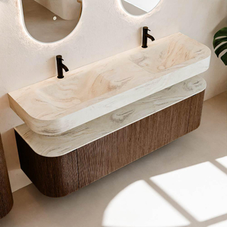 MONDIAZ THOR-DLUX 160cm meuble de salle de bains arrondi gauche + droite couleur Walnut avec 1 tiroir et 2 portes. Vasque suspendue CLOUD Double 2 trous de robinet couleur Ostra.