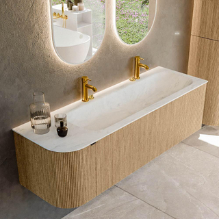 MONDIAZ KURVE-DLUX 145cm badmeubel met module 25 L kleur Oak met 1 lade en 1 deur. Wastafel BIG LARGE rechts 2 kraangaten kleur Opalo.