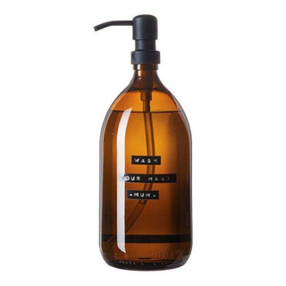 Wellmark Handzeep bruin glas zwarte pomp 1000ml tekst WASH YOUR HANDS..MUM Zwart label