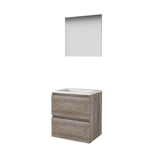 Basic-Line Basic 46 ensemble de meubles de salle de bain 60x46cm sans poignée 2 tiroirs lavabo acrylique 0 trous de robinetterie miroir mfc scotch oak