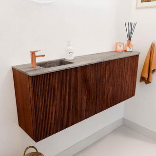 Mondiaz JOYA-DLUX Meuble de toilette 111,6 cm - arrondi droit couleur Ruby - Vasque FAYE position Gauche 1 trou de robinet couleur Oza