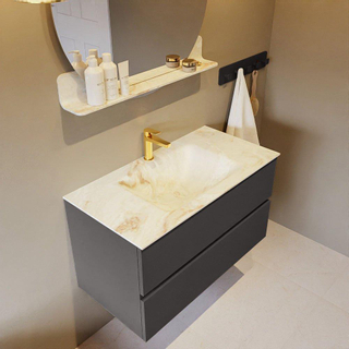 Mondiaz VICA-DLUX Ensemble de meuble de salle de bain - 90cm - meuble sous-vasque gris foncé - 2 tiroirs - lavabo encastré nuage milieu - 1 trou de robinet - version haute de 60cm - frape