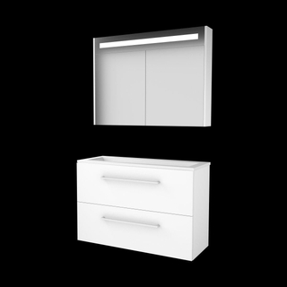 Basic-Line Premium 39 ensemble de meubles de salle de bain 100x39cm avec poignées 2 tiroirs lavabo acrylique 0 trous de robinetterie armoire de toilette éclairage led intégré mdf laqué blanc glacier