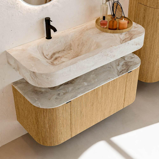 MONDIAZ THOR-DLUX Meuble de salle de bains 110cm arrondi gauche + droite couleur Oak avec 1 tiroir et 2 portes. Vasque suspendue CLOUD Gauche 1 trou de robinet couleur Frappe.