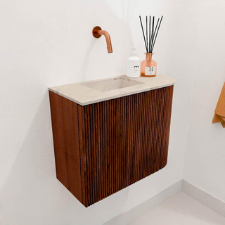 Mondiaz JOYA-DLUX 51.6cm toiletmeubel - ronding rechts kleur Ruby - Wastafel FAYE positie Links Zonder kraangat kleur Frappe.