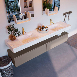 Mondiaz ALAN-DLUX Ensemble de meuble - 200cm - meuble Smoke mat - 2 tiroirs - Lavabo Cloud Ostra suspendu - vasque gauche et droite - 2 trous de robinet