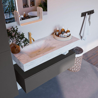 Mondiaz ALAN-DLUX Ensemble de meuble - 110cm - meuble Dark grey mat - 1 tiroir - Lavabo Cloud Opalo suspendu - vasque Gauche - 1 trou de robinet