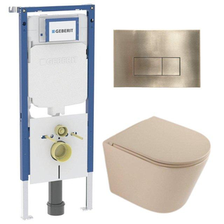 QeramiQ Dely Toiletset - 36.3x51.7cm - diepspoel - rimless - Geberit UP720 inbouwreservoir - softclose toilet zitting - geborsteld messing bedieningsplaat - rechthoekige knoppen - mat beige
