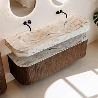 MONDIAZ THOR-DLUX 150cm meuble de salle de bains arrondi gauche + droite couleur Walnut avec 1 tiroir et 2 portes. Vasque suspendue CLOUD Double sans trou de robinet couleur Glace.