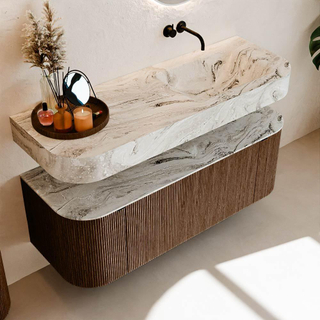 MONDIAZ THOR-DLUX 130cm meuble de salle de bains arrondi gauche + droite couleur Walnut avec 1 tiroir et 2 portes. Vasque suspendue CLOUD Droite sans trou de robinet couleur Glace.