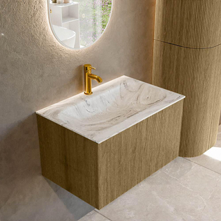 Mondiaz KURVE-DLUX Ensemble de meuble salle de bain - 70x46x40cm - 1 tiroir - lavabo en solid surface - milieu - 1 trou de robinet - Dusk