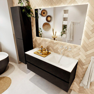 MONDIAZ VICA meuble sous lavabo 120cm Urban 2 tiroirs. Lavabo CLOUD à droite sans trou de robinet, couleur Talc.