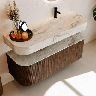 MONDIAZ THOR-DLUX 130cm meuble de salle de bains arrondi gauche + droite couleur Walnut avec 1 tiroir et 2 portes. Vasque suspendue CLOUD Droite 1 trou de robinet couleur Frappe.