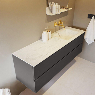 Mondiaz VICA-DLUX ensemble de meuble de salle de bain - 150cm - meuble sous-vasque gris foncé - 2 tiroirs - lavabo encastré cloud droite - sans trous de robinet - version haute de 60cm - opalo