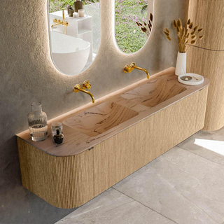 MONDIAZ KURVE-DLUX 170cm badmeubel ronding Links + Rechts kleur Oak met 1 lade en 2 deuren. Wastafel LEAF Dubbel zonder kraangat Arena.