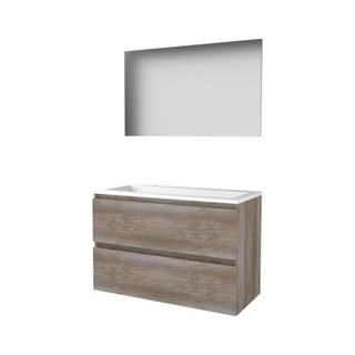 Basic-Line Basic 46 ensemble de meubles de salle de bain 100x46cm sans poignée 2 tiroirs acrylique lavabo 2 trous de robinetterie miroir mfc scotch oak
