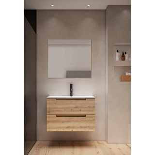 Saniclass Prime Balance Badkamermeubelset - 80x55x45cm - 1 rechthoekige keramische wasbak wit - 1 kraangat - 2 lades - rechthoekige spiegel - rustiek eiken