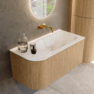 MONDIAZ KURVE-DLUX 95cm Meuble salle de bain avec module 25 G - couleur Oak - 1 tiroir - 1 porte - vasque BIG SMALL droite - sans trou de robinet - couleur Frappe