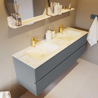 Mondiaz VICA-DLUX ensemble de meuble de salle de bain - 150cm - meuble sous-vasque plata - 4 tiroirs - lavabo encastré cloud double - 2 trous de robinet - miroir modèle spot - version XL 60cm de haut - ostra